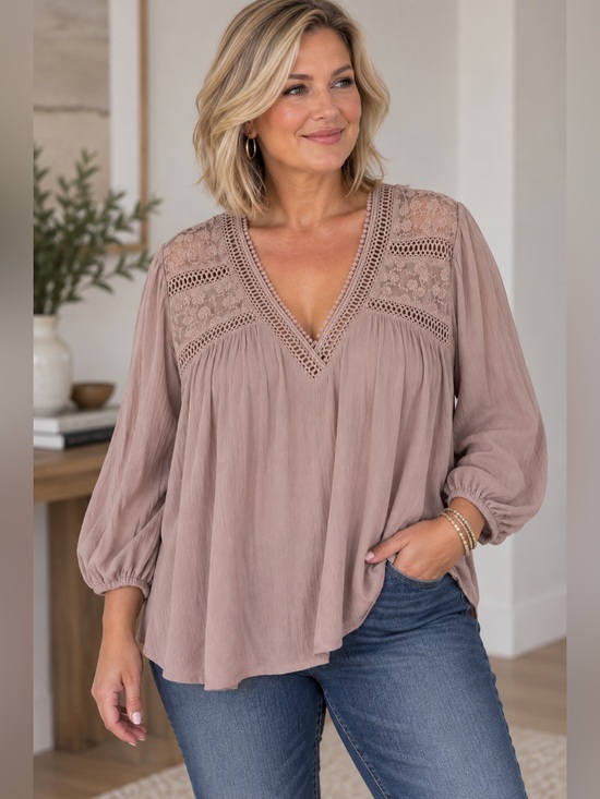 JohnPaulRichard Tops - John Paul Richard 3X Mauve Lace Boho Peasant Blouse Rayon